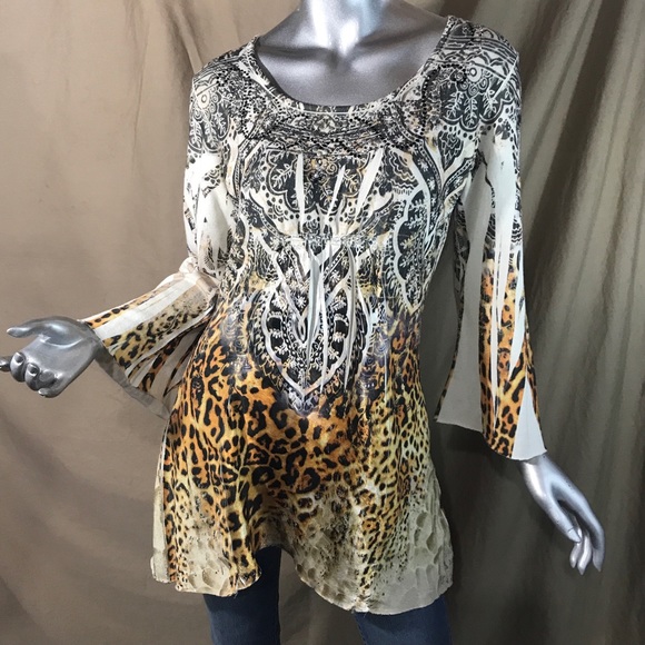 Bleu Womens Small Top Animal Print Flowy Y2K Colorful Stretch Knit Tunic Mandala - Picture 15 of 16